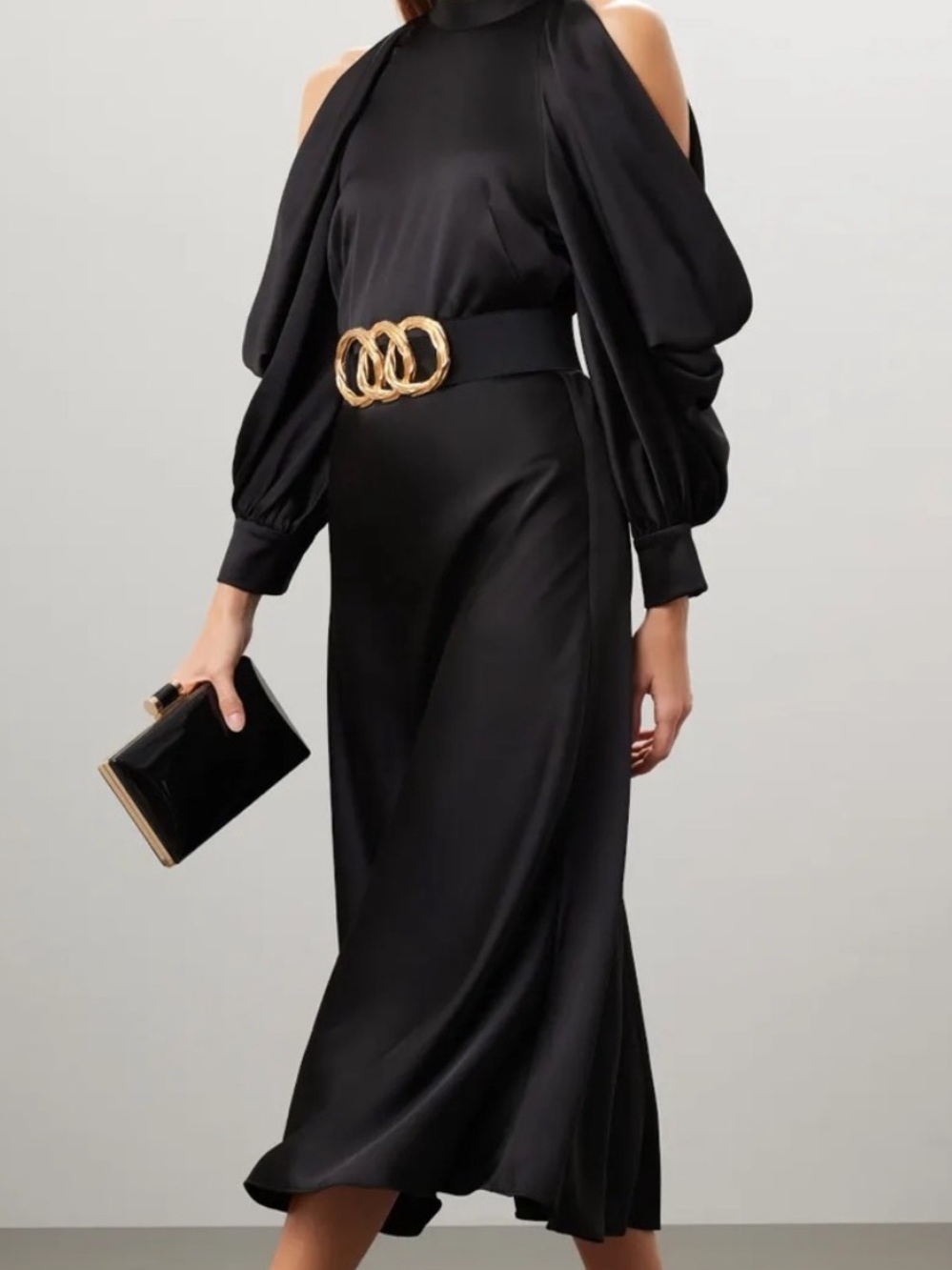 Arias New York $795 Retail Cold-Shoulder Halter Neck Black Midi Dress Size 6
